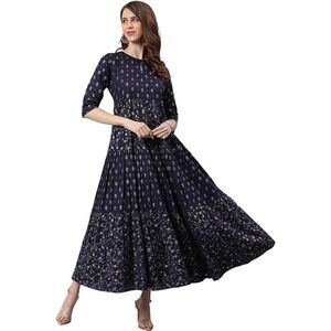 Janasya Indian Women's Cotton Flex Ethnic Dress in Blue, Size S​​​​​​